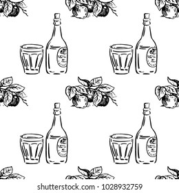 Vector seamless pattern with apples on a branch and bottles with glasses. Perfect for surface textures, textile, pattern fills and more creative designs.  Digital illustration in black and white.