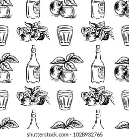 Vector seamless pattern with apples on a branch and bottles with glasses. Perfect for surface textures, textile, pattern fills and more creative designs.  Digital  illustration in black and white.