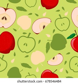 Vector seamless pattern with apples on green background. Beautiful exotic collection for your design in minimal style. Perfect for fabric, textile, wrapping paper and other decoration.
