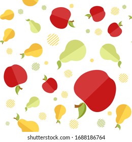 Vector seamless pattern with apples and pears on a white background. Bright summer pattern. Picture for packaging. Flat garden fruits.