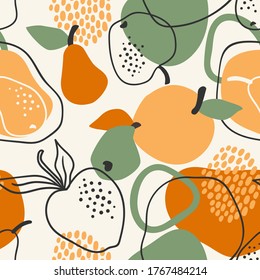 Vector seamless pattern with apples and pears. Trendy hand drawn textures. Modern abstract design for paper, cover, fabric, interior decor and other users.