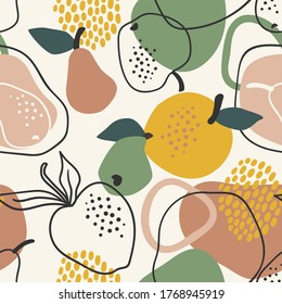 Vector seamless pattern with apples and pears. Trendy hand drawn textures. Modern abstract design for paper, cover, fabric, interior decor and other users.