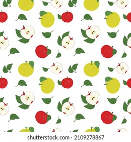 Vector seamless pattern with apples. Red and yellow apples, apple halves and green leaves. Print on a transparent background.