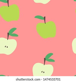 Vector seamless pattern of apples in simple style on pink background