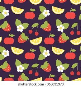 Vector seamless pattern with apples, strawberries and sliced lemons 