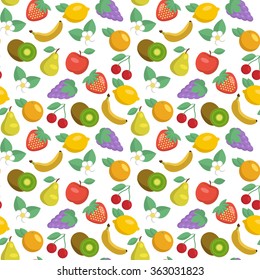 Vector seamless pattern with apples, strawberries, lemons, kiwi fruits, grape, bananas cherries, pears and oranges