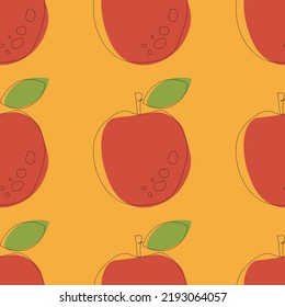 Vector seamless pattern of apples with  thin black line on orange background