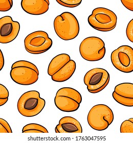 Vector seamless pattern of apricot. Hand drawn fruit and sliced pieces. Summer illustration. Vector fruit design. Natural and healthy food. Texture for print, textile.