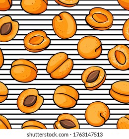 Vector seamless pattern of apricot on geometric background. Hand drawn fruit and sliced pieces. Summer illustration. Vector fruit design. Natural and healthy food. Texture for print, textile.