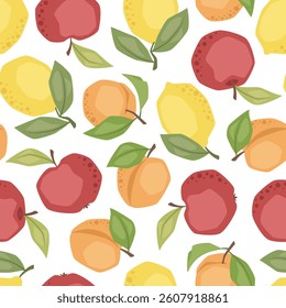 Vector seamless pattern with apricots, apples and lemons on white background