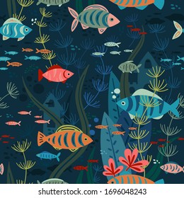 Vector seamless pattern of aquarium life with colorful fishes and sea weeds swimming. Can be printed and used as wrapping paper, wallpaper, textile, fabric, apparel, etc.