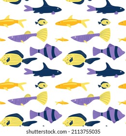 Vector seamless pattern with aquarium tropical fishes in flat hand drawn style. Marine fish of different colors and shapes. Childrens illustration. Can be used for textile design, packaging
