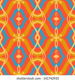 Vector seamless pattern with Arabic motifs in bright vibrant colors. Texture background for web, print, home decor, textile, fabric, wedding invitation, wrappings, oriental cuisine restaurants ads
