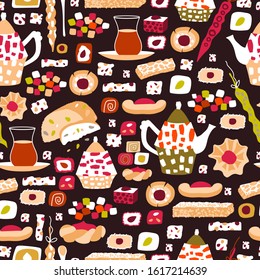 Vector seamless pattern of arabic sweets and oriental tea party. Background for a card or poster for a holiday invitation. Kettle, tea and treats in cartoon flat style isolated on a dark background.
