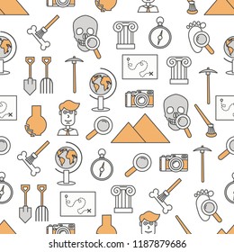 Vector seamless pattern with archaeologist and archaeological tools, ancient artifacts. Thin line art flat style design archaeological background, wallpaper.