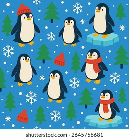 Padrão de vetor sem emenda com pinguins do polo norte ártico em estilo plano