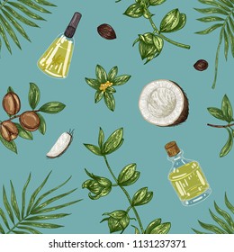 Vector seamless pattern with argan, coconut, jojoba leafes, nuts and glass bottles. Background to use for backdrop, textile, wrapping paper, wall posters.