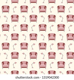 Vector seamless pattern with armchair, lamp. Cushioned furniture. Design for banner, poster or print.