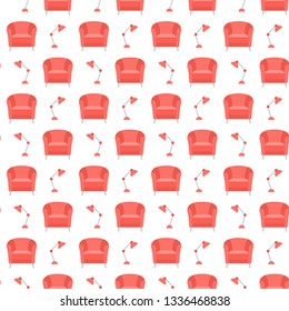 Vector seamless pattern with armchair, lamp. Cushioned furniture. Design for banner, poster or print.