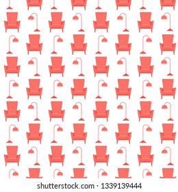 Vector seamless pattern with armchair, lamp. Cushioned furniture. Design for banner, poster or print.