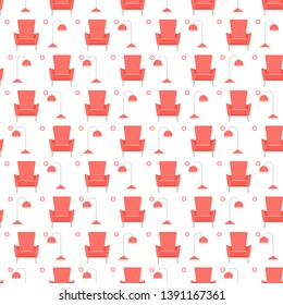 Vector seamless pattern with armchair, lamp. Cushioned furniture. Design for banner, poster or print.