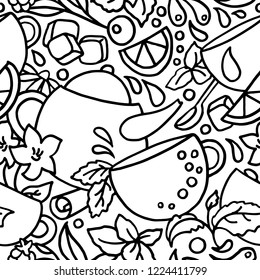 Vector Seamless Pattern Of Aroma Tea On White Background. Recipe Of Cooking. Group Of Doodle Elements, Art Line Sketch, Graphic Style. Set Of Cup, Leaf, Flower, Mint, Lemon. Herbal Fresh Organic Drink