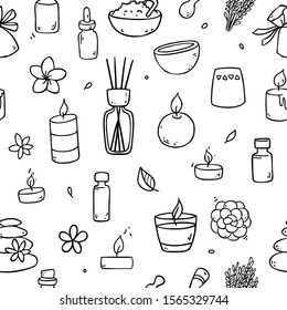 Vector seamless pattern with aromatherapy elements  like oil, candles, flowers and so on background