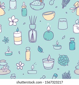 Vector seamless pattern with aromatherapy elements  like oil, candles, flowers and so on background