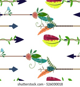 Vector seamless pattern. Arrows and feathers.