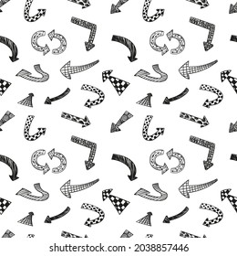 Vector Seamless Pattern, Arrows, Hand Drawn Illustration, Seamless Background Template, Sketch Style Arrows, Black Outline Icons on White Background.