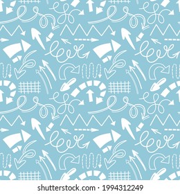 Vector seamless pattern with arrows signs and symbols. Stylish hand-drawn arrows, dotted line, wave, zig zag, direction background. Doodle style texture