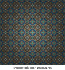 Vector seamless pattern art with colored mandalas. Round abstract geometric kaleidoscopic mandala design in brown, green and blue colors.