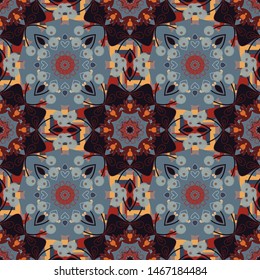 Vector seamless pattern art with colored mandalas. Round abstract geometric kaleidoscopic mandala design in black, gray and brown colors.