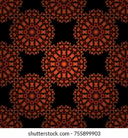 Vector seamless pattern art with colored mandalas. Round abstract geometric kaleidoscopic mandala design in orange, red and black colors.