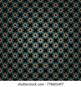 Vector seamless pattern art with colored mandalas. Round abstract geometric kaleidoscopic mandala design in blue, orange and black colors.