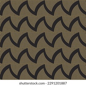 Vector seamless pattern, art deco wallpaper, herringbone pattern. Waves from small golden drops on a black background 