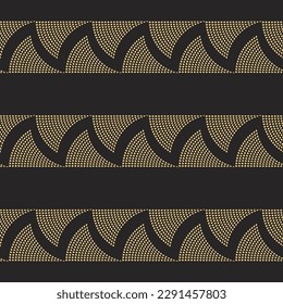 Vector seamless pattern, art deco wallpaper, herringbone pattern. Waves from small golden drops on a black background 