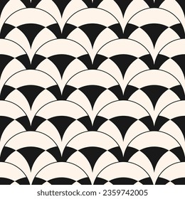 Vector seamless pattern in art deco style. Simple abstract geometric background with curved shapes, wavy lines, peacock ornament, mesh, grid. Stylish black and white. Repeat decorative geo design