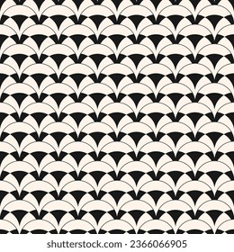 Vector seamless pattern in art deco style. Simple abstract geometric background with curved shapes, peacock ornament, lattice, grid. Stylish black and white texture. Repetitive modern geo design