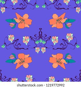  Vector seamless pattern in art Nouveau style.Ornate floral background with fine lines of the stems..  Modern design for textiles, printing.Hand drawn.Hand drawn cartoon style.