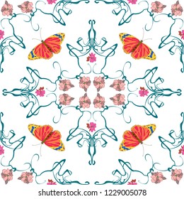  Vector seamless pattern in art Nouveau style.Ornate floral background with fine lines of the stems..  Modern design for textiles, printing.Hand drawn.Hand drawn cartoon style.
