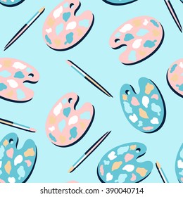 Vector seamless pattern of art palette and paint brush. Colorful repeating background, modern clean and bold design. Set of artistic supplies: brushes and palette. Drawing objects on blue background