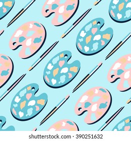 Vector seamless pattern of art palette and paint brush. Colorful repeating background, modern clean and bold design. Set of artistic supplies: brushes and palette. Drawing objects on blue background