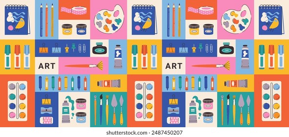 Vector seamless pattern with art supplies with trendy geometric style. Art supply background. Paint tubes, pencil, watercolor, crayons, color palette, brushes. Hand drawn flat illustration.