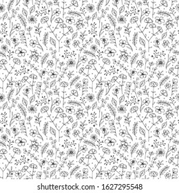 Vector seamless pattern. Artistic background with a floral pattern. Leaves, branches, flowers. Great design for any purpose. Simple scandinavian design. Nordic style.