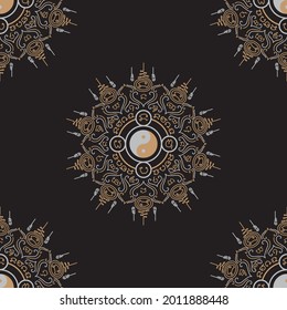 Vector seamless pattern of Asian and Buddhism believes of ancient traditional oriental talismans applied in a circular. Meaning of luck, prevent danger, progress in life, and respect of Buddhists.