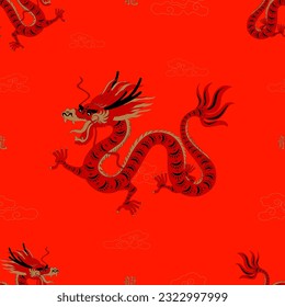 Vector seamless pattern with Asian Dragon Zodiac Sign in Paper Cut Art and Craft style on red colour background.Concept for Wallpaper, fabric, textile background.Chinese Translation,Year of the Dragon