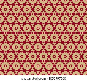 Vector seamless pattern in Asian style. Red and gold traditional Chinese ornament. Luxury rich ornament texture. Elegant abstract repeat background with hexagon shapes, geometric grid, lattice, mesh