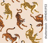 Vector seamless pattern with asian tigers and leopard on beige background. Circus animal show. Fashionable fabric design.