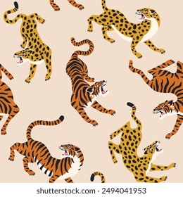 Vector seamless pattern with asian tigers and leopard on beige background. Circus animal show. Fashionable fabric design.